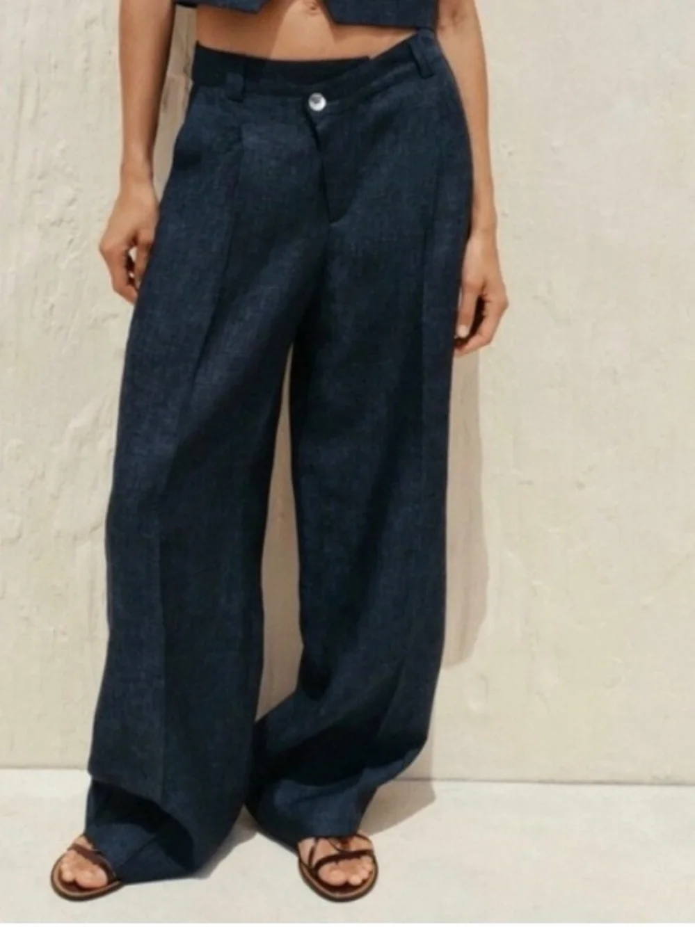 Zara Dark Navy Wide-Leg High-Rise Trousers